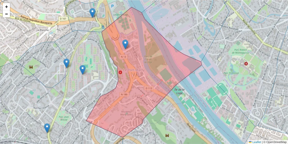 Carte de la zone du code postal  et des codes postaux voisins en France