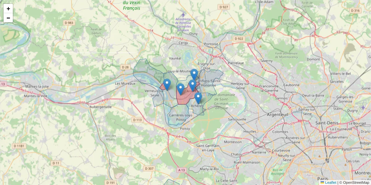 Carte de la zone du code postal  et des codes postaux voisins en France