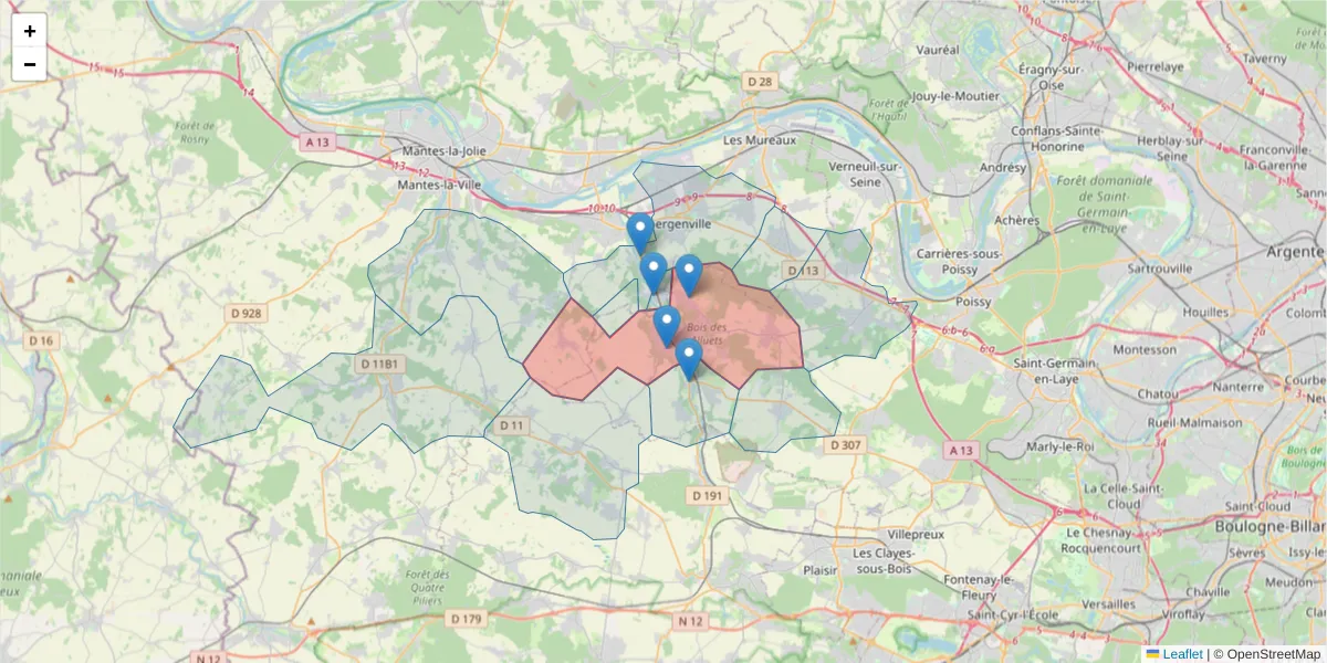 Carte de la zone du code postal  et des codes postaux voisins en France