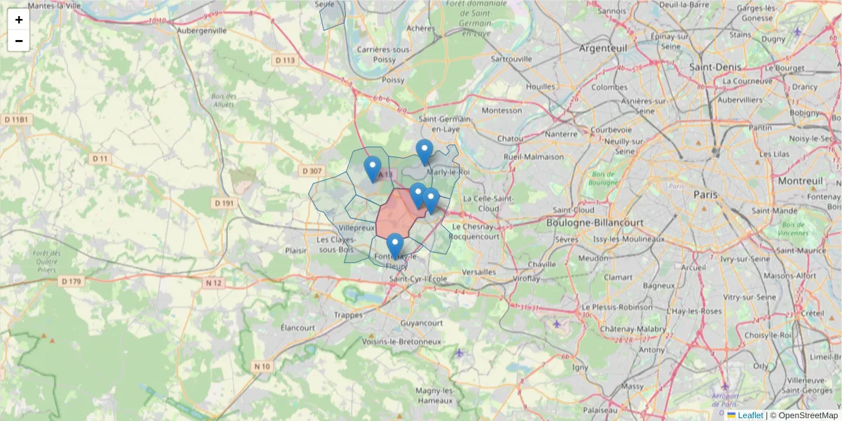Carte de la zone du code postal  et des codes postaux voisins en France