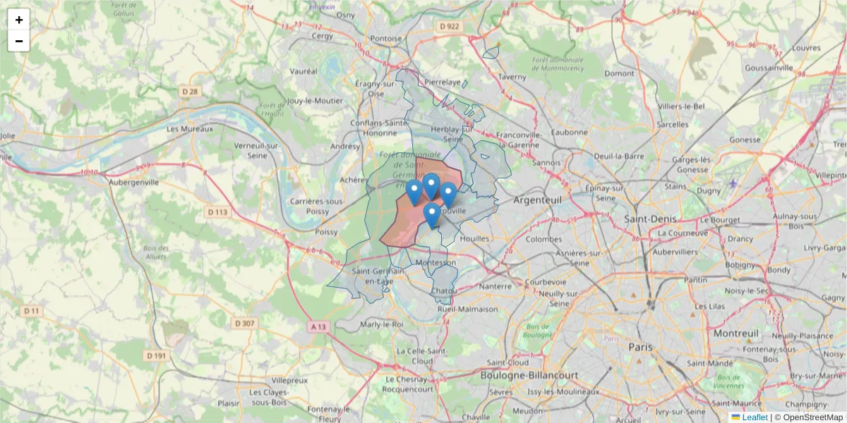 Carte de la zone du code postal  et des codes postaux voisins en France