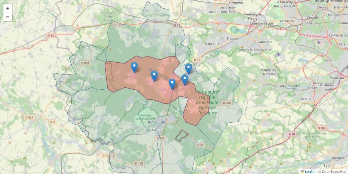 Carte de la zone du code postal  et des codes postaux voisins en France