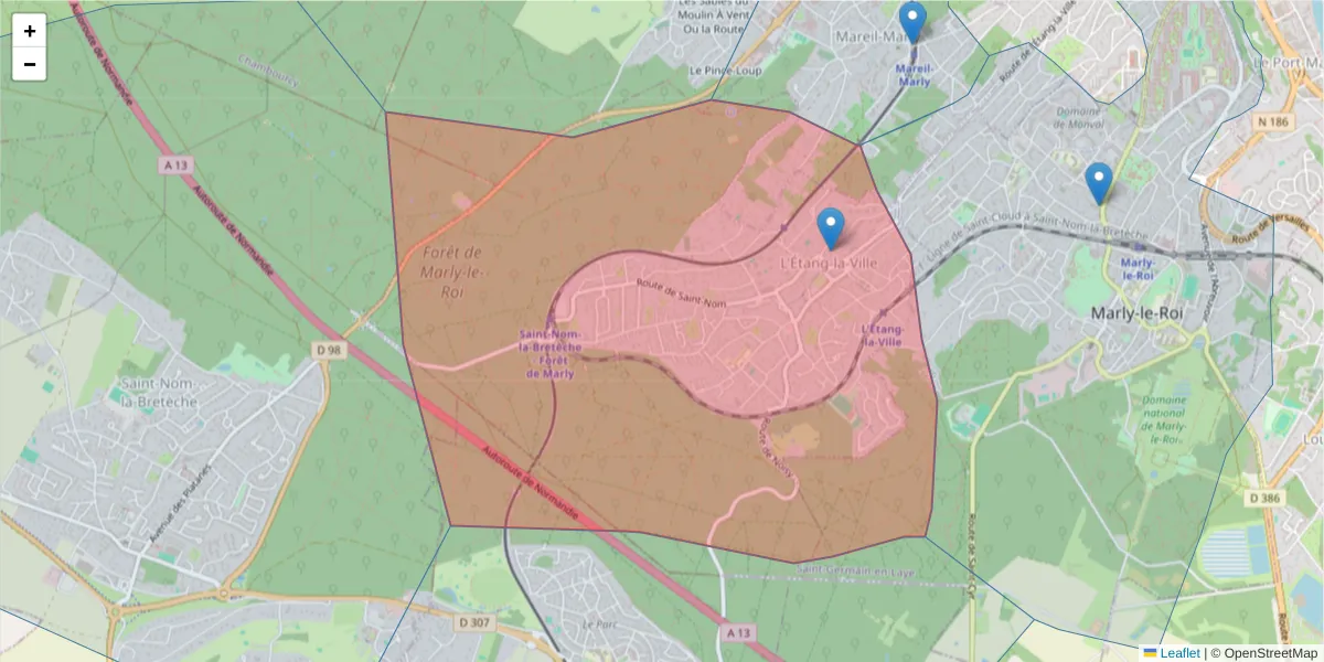Carte de la zone du code postal  et des codes postaux voisins en France