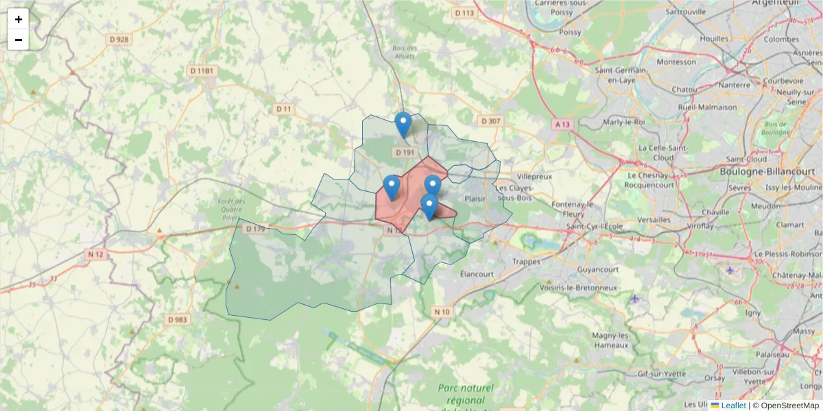 Carte de la zone du code postal  et des codes postaux voisins en France