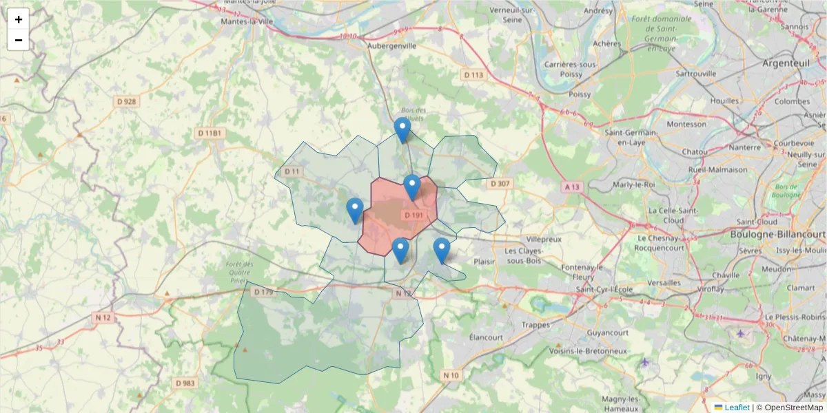 Carte de la zone du code postal  et des codes postaux voisins en France