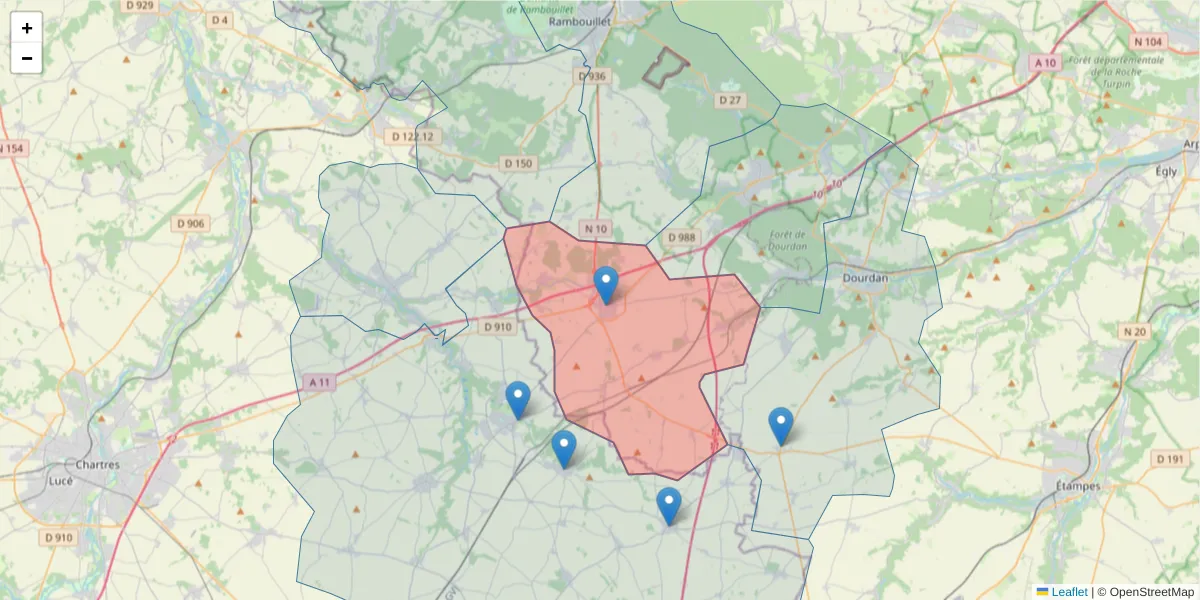 Carte de la zone du code postal  et des codes postaux voisins en France