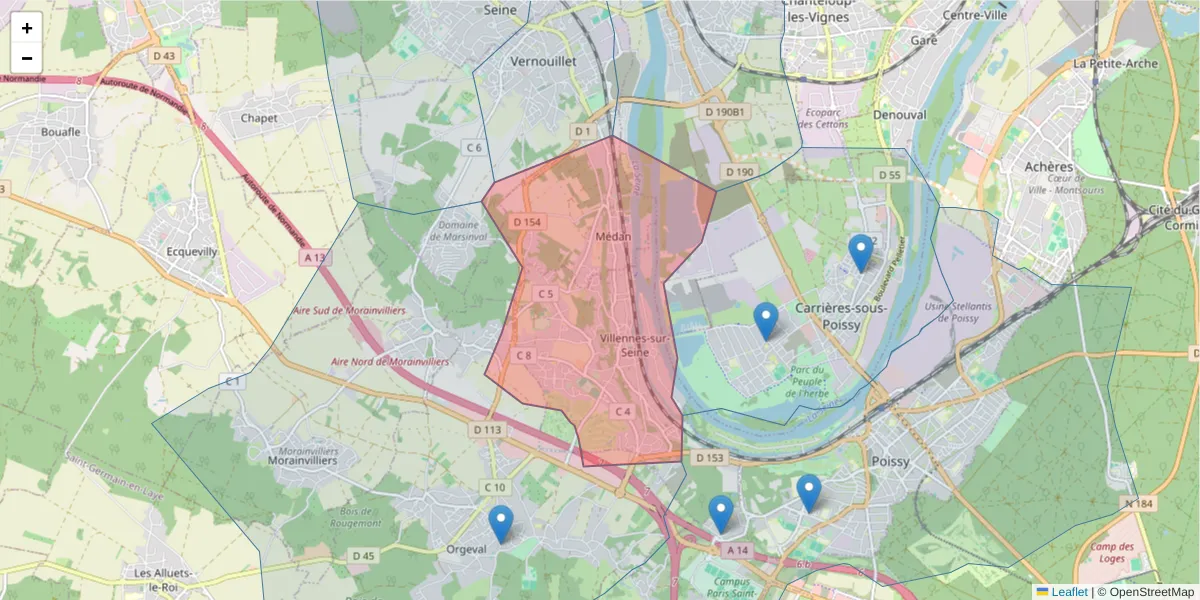 Carte de la zone du code postal  et des codes postaux voisins en France