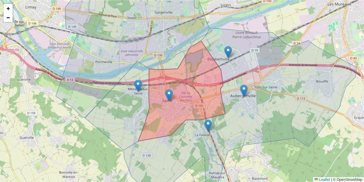 Carte de la zone du code postal  et des codes postaux voisins en France