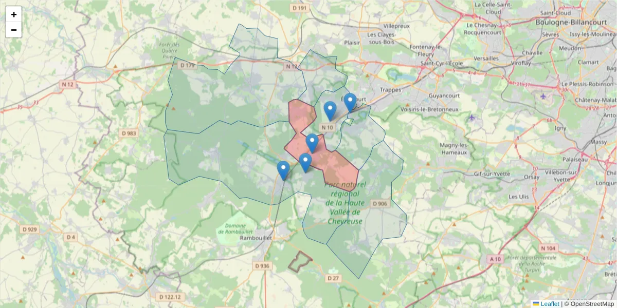 Carte de la zone du code postal  et des codes postaux voisins en France