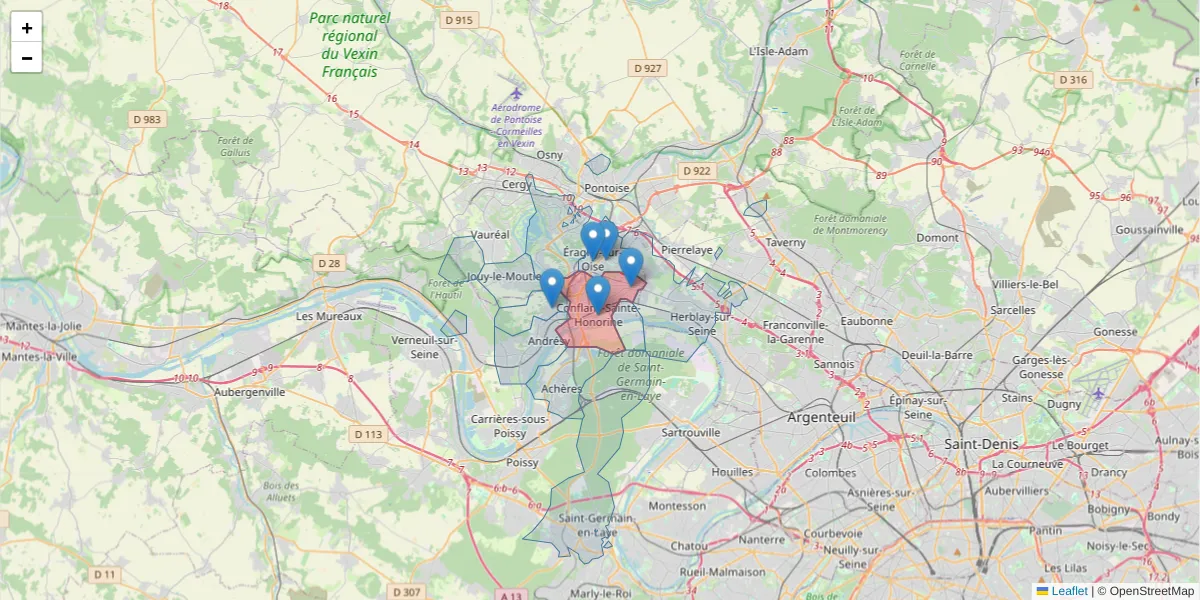 Carte de la zone du code postal  et des codes postaux voisins en France