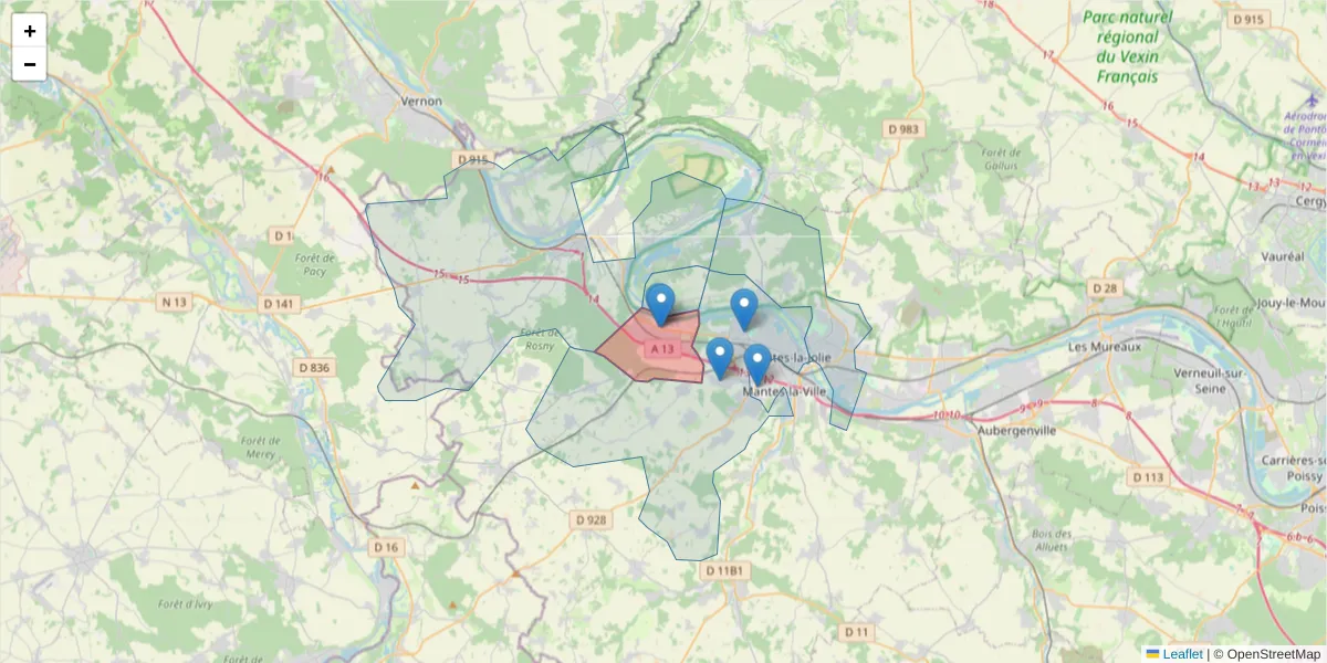 Carte de la zone du code postal  et des codes postaux voisins en France