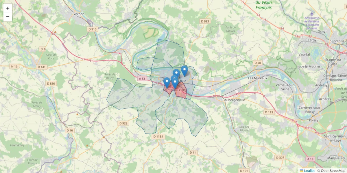 Carte de la zone du code postal  et des codes postaux voisins en France