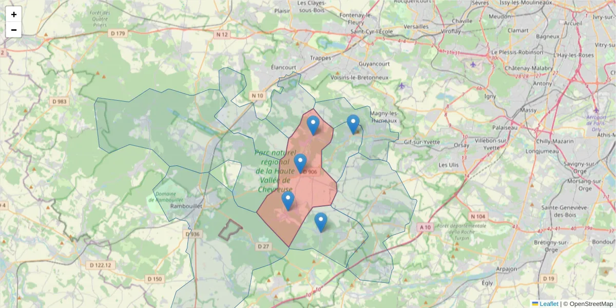 Carte de la zone du code postal  et des codes postaux voisins en France