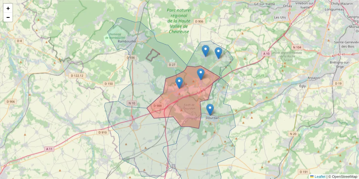 Carte de la zone du code postal  et des codes postaux voisins en France