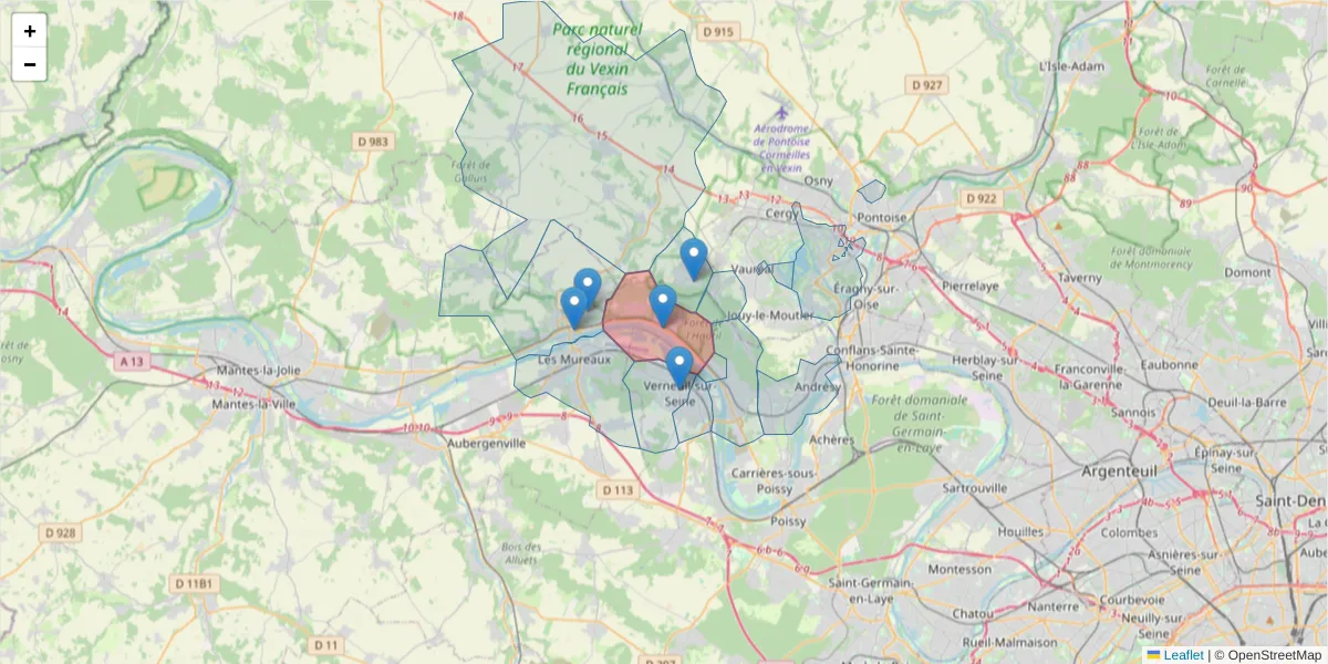 Carte de la zone du code postal  et des codes postaux voisins en France