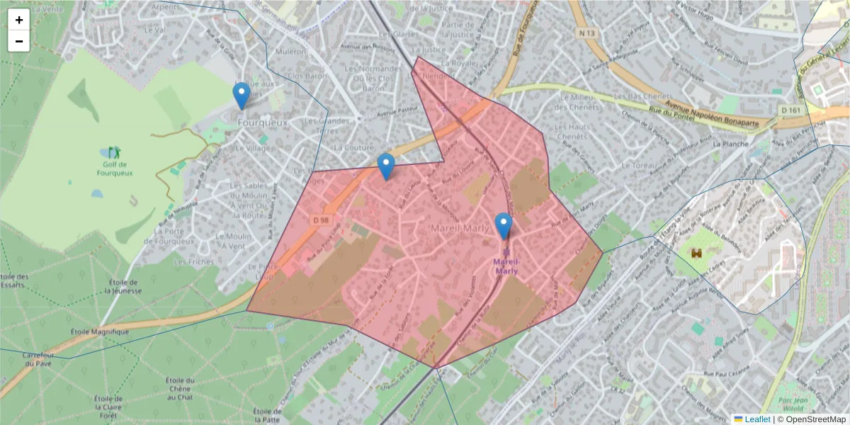 Carte de la zone du code postal  et des codes postaux voisins en France