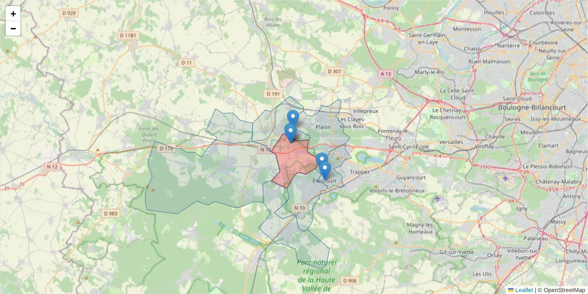 Carte de la zone du code postal  et des codes postaux voisins en France