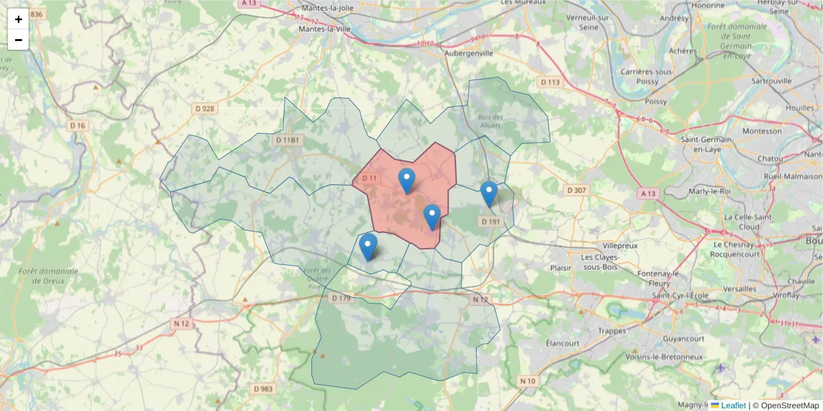 Carte de la zone du code postal  et des codes postaux voisins en France