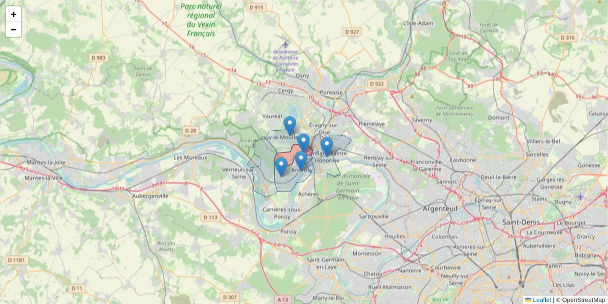 Carte de la zone du code postal  et des codes postaux voisins en France