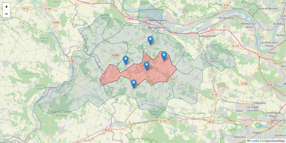 Carte de la zone du code postal  et des codes postaux voisins en France