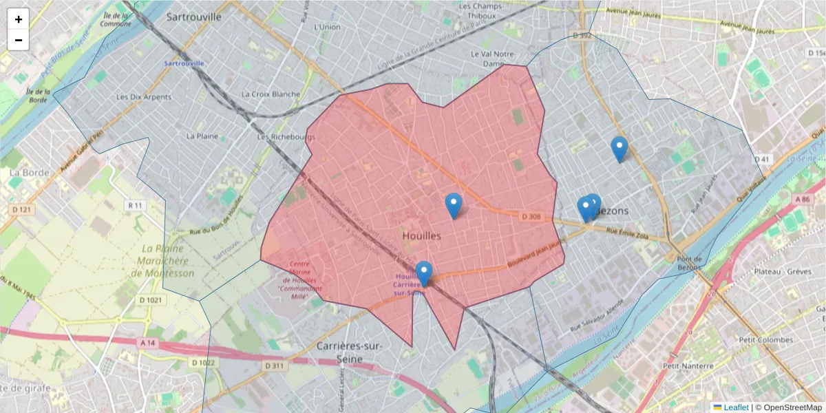 Carte de la zone du code postal  et des codes postaux voisins en France