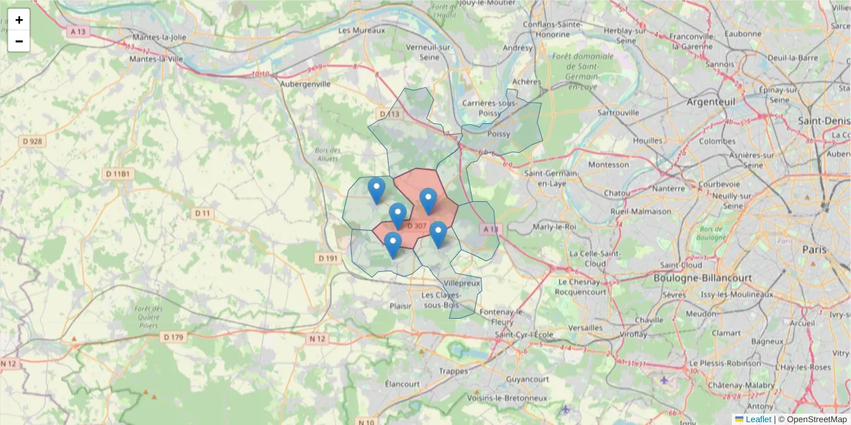 Carte de la zone du code postal  et des codes postaux voisins en France