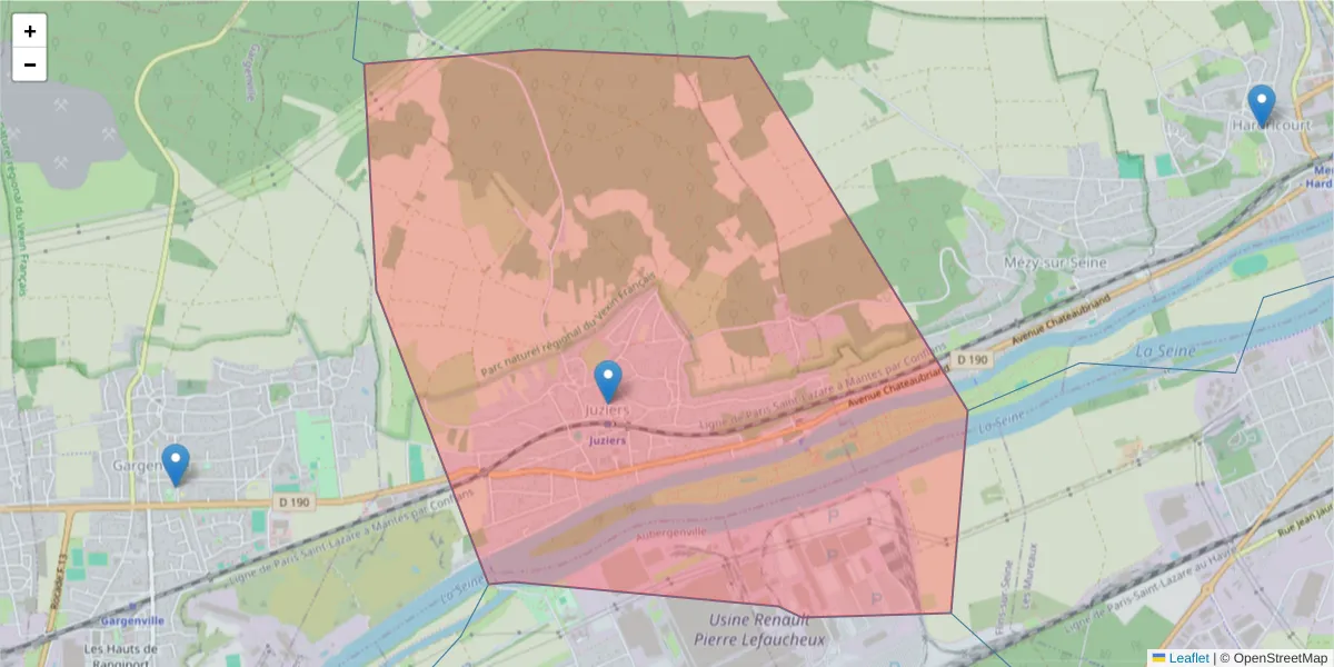 Carte de la zone du code postal  et des codes postaux voisins en France