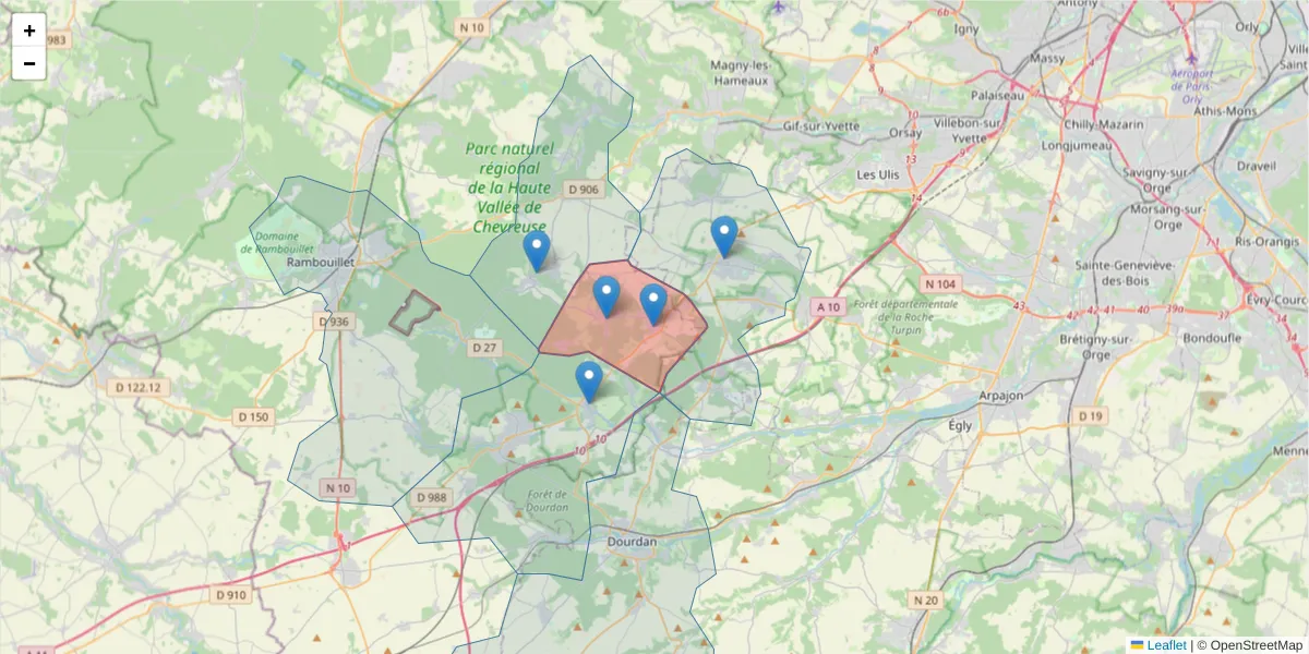 Carte de la zone du code postal  et des codes postaux voisins en France