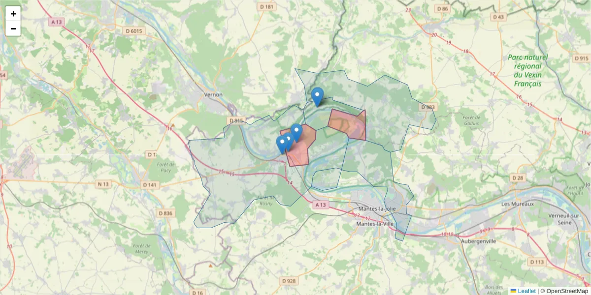 Carte de la zone du code postal  et des codes postaux voisins en France