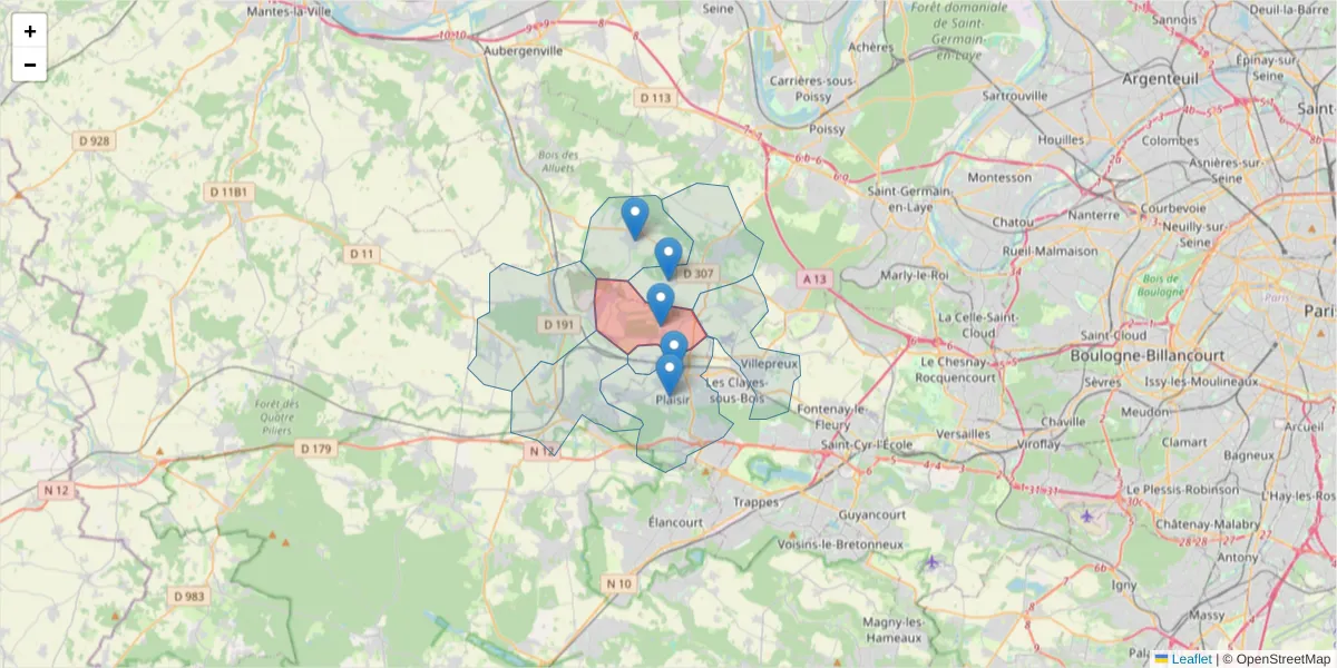 Carte de la zone du code postal  et des codes postaux voisins en France