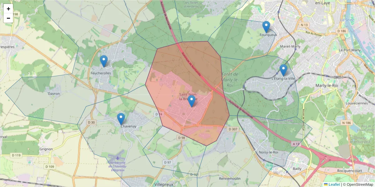 Carte de la zone du code postal  et des codes postaux voisins en France