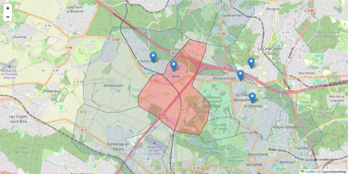 Carte de la zone du code postal  et des codes postaux voisins en France