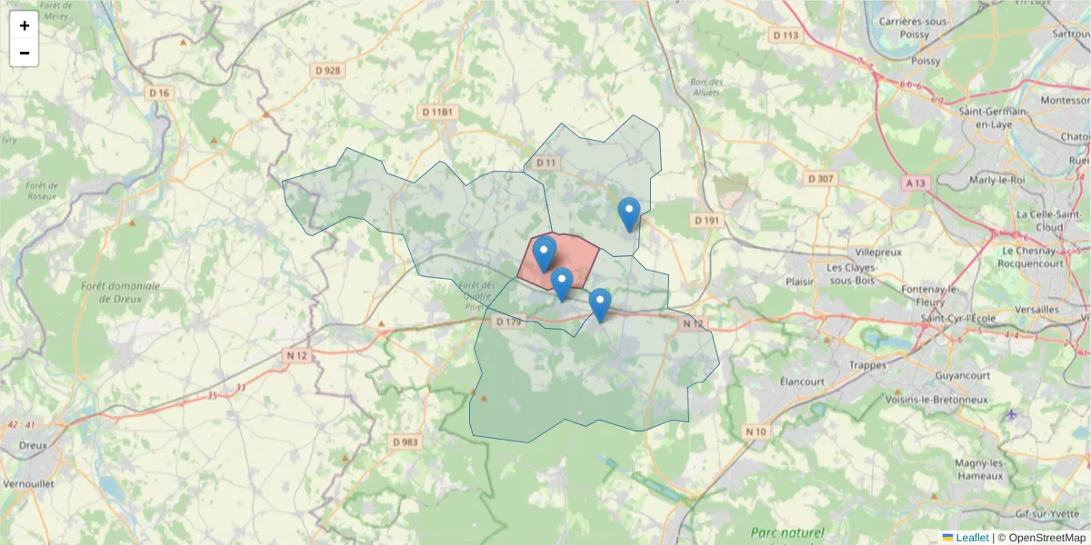 Carte de la zone du code postal  et des codes postaux voisins en France