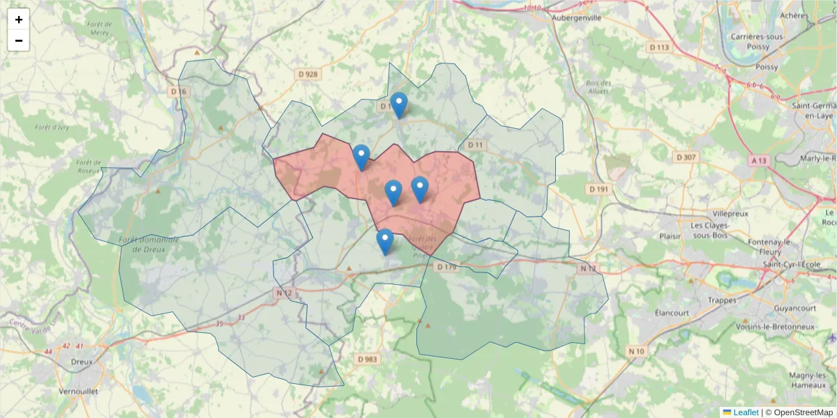 Carte de la zone du code postal  et des codes postaux voisins en France