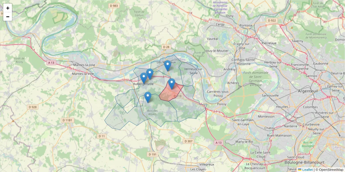 Carte de la zone du code postal  et des codes postaux voisins en France
