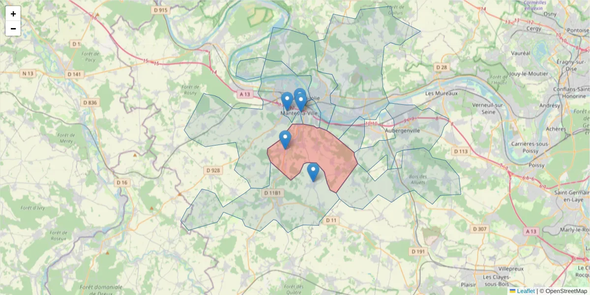Carte de la zone du code postal  et des codes postaux voisins en France