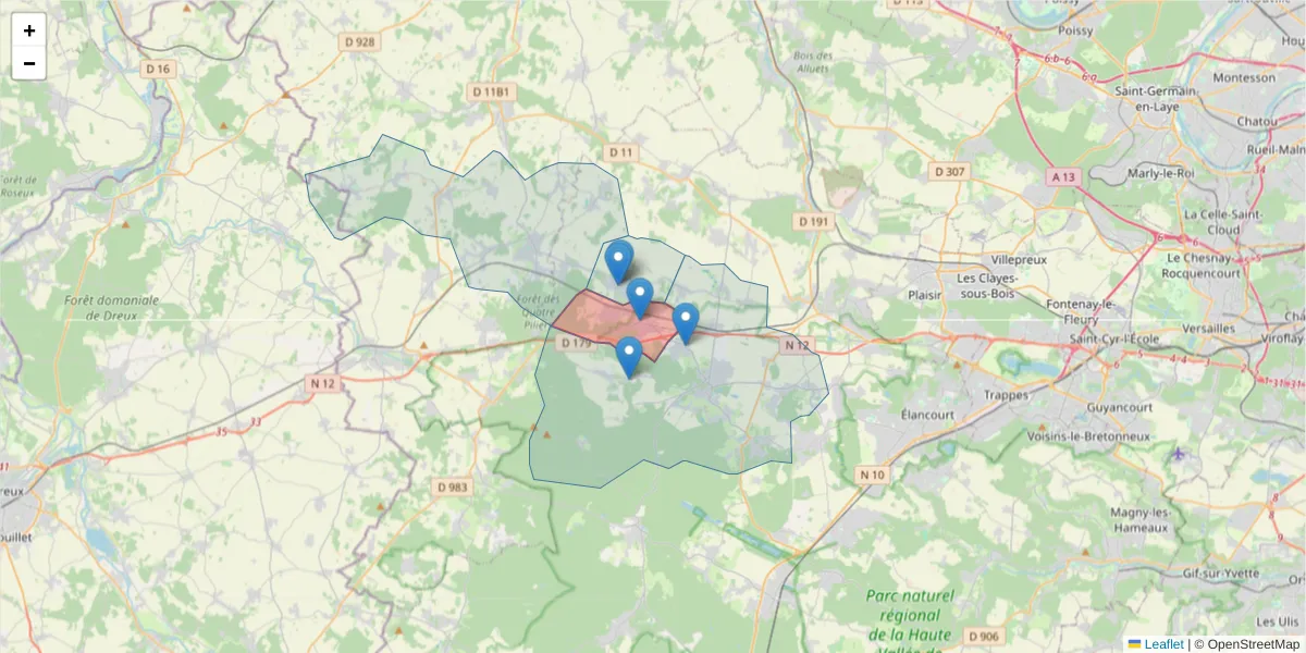 Carte de la zone du code postal  et des codes postaux voisins en France