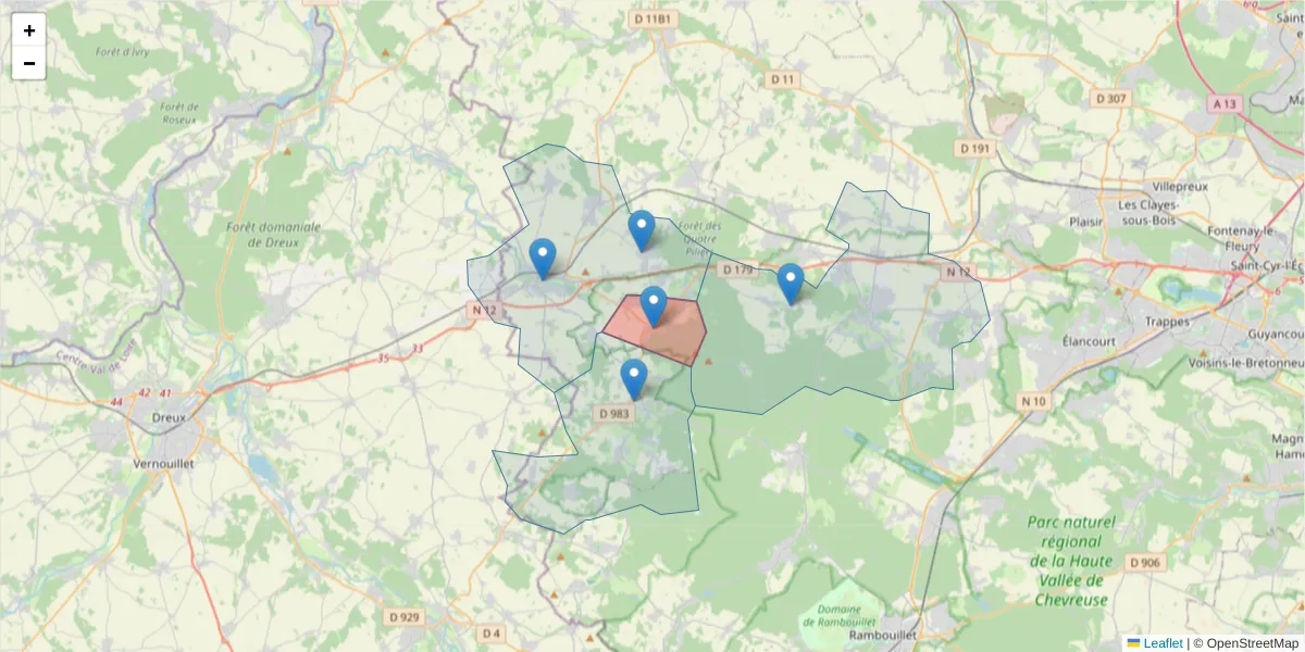 Carte de la zone du code postal  et des codes postaux voisins en France
