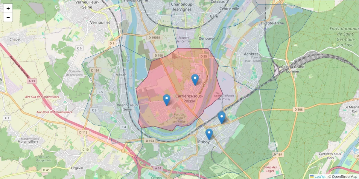 Carte de la zone du code postal  et des codes postaux voisins en France