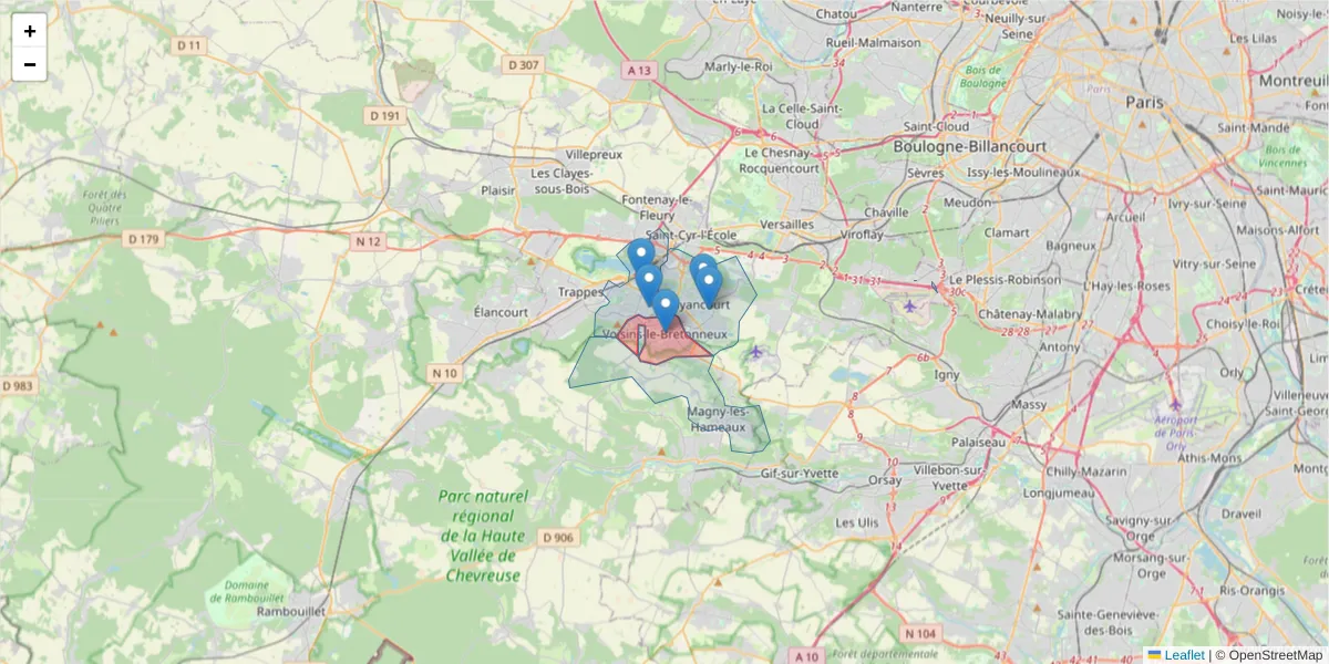 Carte de la zone du code postal  et des codes postaux voisins en France