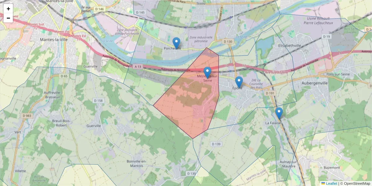 Carte de la zone du code postal  et des codes postaux voisins en France
