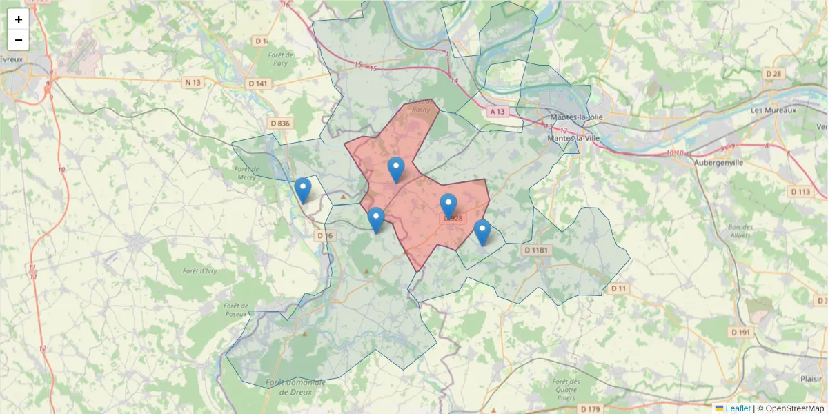 Carte de la zone du code postal  et des codes postaux voisins en France