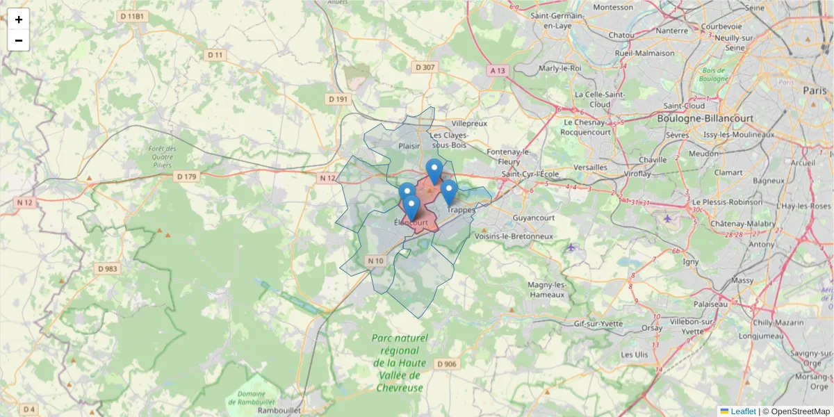 Carte de la zone du code postal  et des codes postaux voisins en France