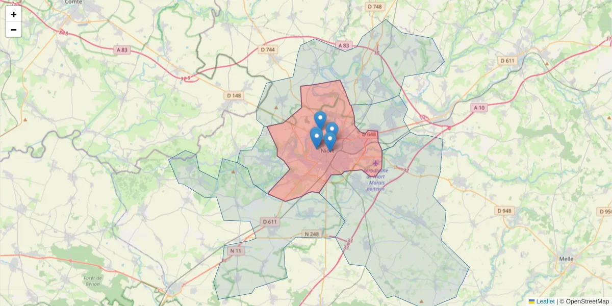 Carte de la zone du code postal  et des codes postaux voisins en France