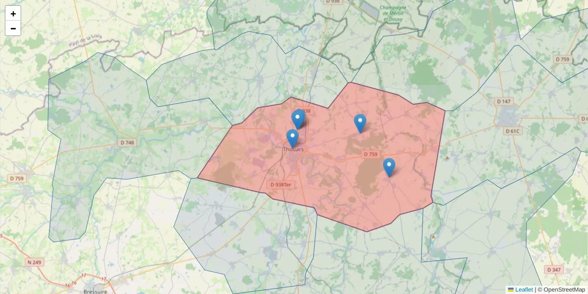 Carte de la zone du code postal  et des codes postaux voisins en France