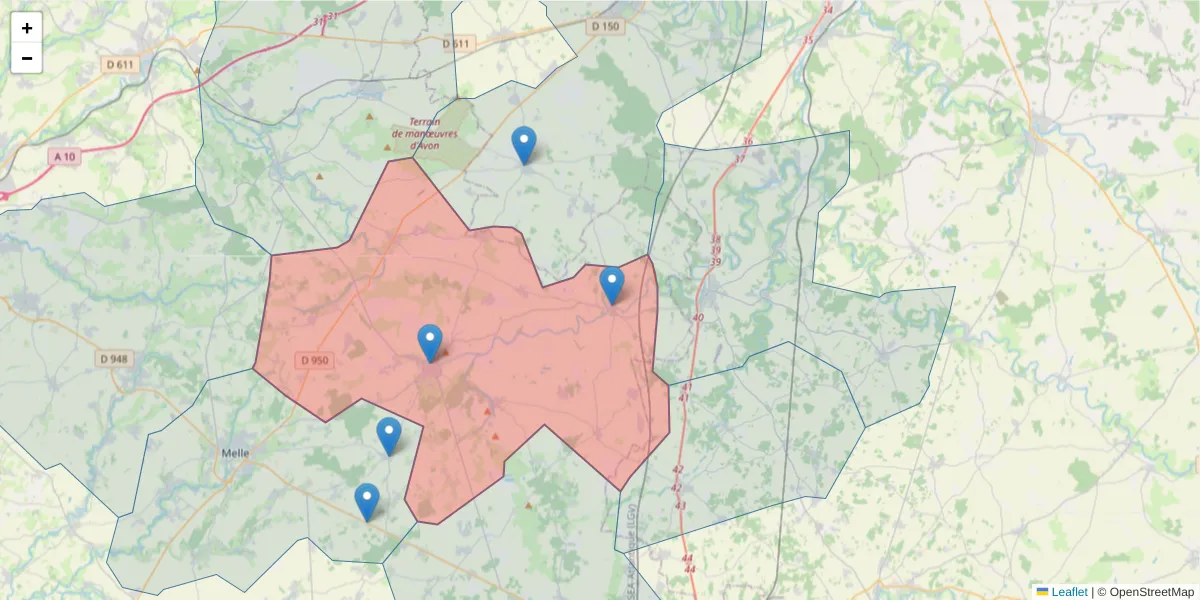 Carte de la zone du code postal  et des codes postaux voisins en France