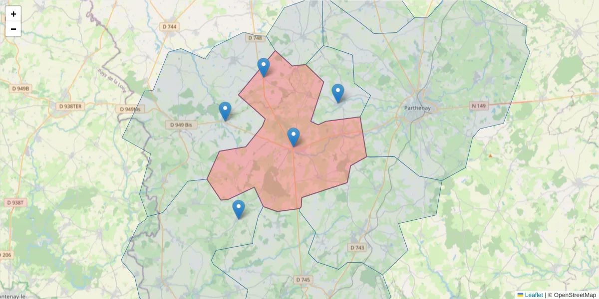 Carte de la zone du code postal  et des codes postaux voisins en France