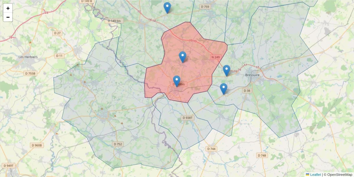 Carte de la zone du code postal  et des codes postaux voisins en France