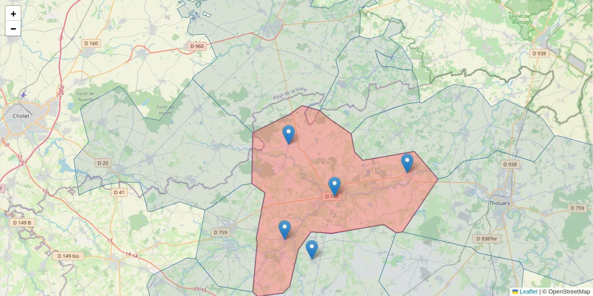 Carte de la zone du code postal  et des codes postaux voisins en France