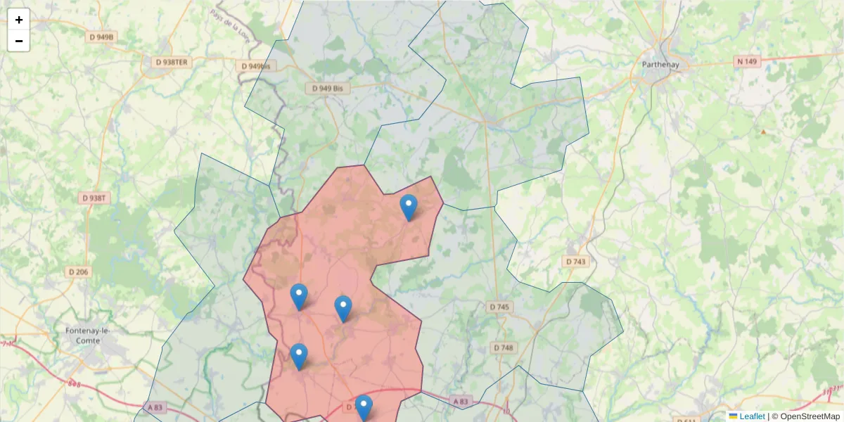 Carte de la zone du code postal  et des codes postaux voisins en France